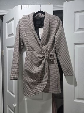 Zara Black and White Houndstooth Belted Blazer Size S NWT